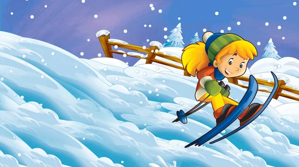Rajzfilm Téli Természet Jelenet Boldog Gyermek Lány Síelés Illusztrációja Gyermekeknek — Stock Fotó