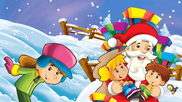 Scena Della Neve Del Fumetto Con Babbo Natale Bambini Illustrazione — Foto Stock