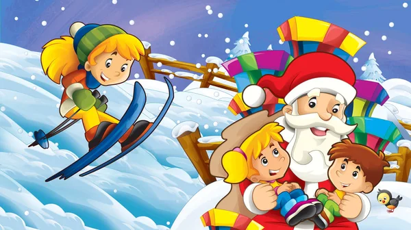 Cartoon Snow Scene Santa Claus Kids Another Skiing Illustration Children — Stock Photo, Image