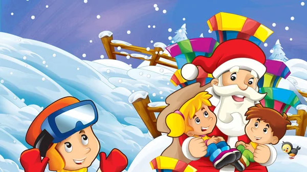 Escena Nieve Dibujos Animados Con Santa Claus Niños Ilustración Para — Foto de Stock