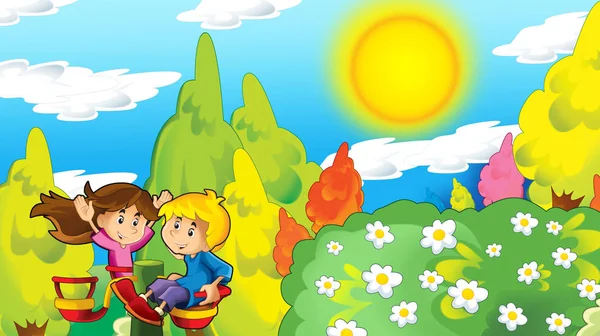 Cartoon Happy Funny Scene Kids Park Having Fun Illustration Children — Stock Photo, Image