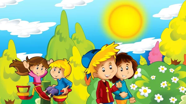 Desenho Animado Cena Feliz Engraçado Com Crianças Parque Divertindo Ilustração — Fotografia de Stock