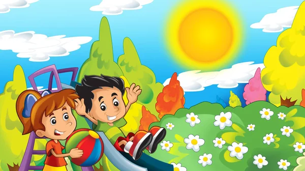 Dibujos Animados Escena Feliz Divertida Con Los Niños Parque Que — Foto de Stock