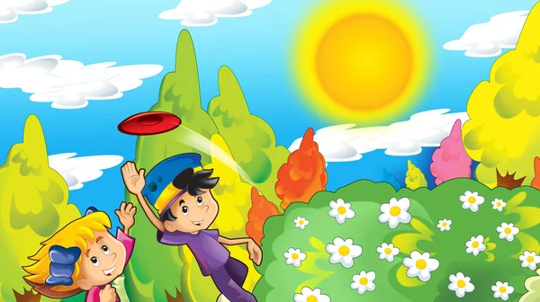 Rajzfilm Boldog Vicces Jelenet Gyerekek Parkban Szórakozás Illusztrációja Gyermekeknek — Stock Fotó