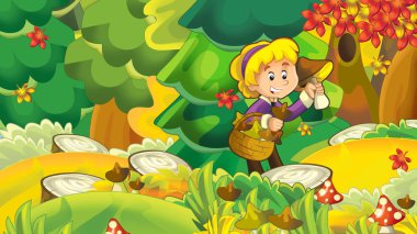 Sonbahar Doğa arka plan ile mantar - toplama kız çocuklar için illüstrasyon karikatür