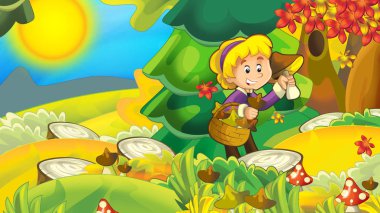 Sonbahar Doğa arka plan ile mantar - toplama kız çocuklar için illüstrasyon karikatür