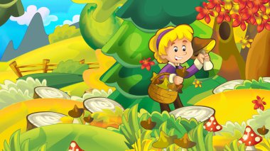 Sonbahar Doğa arka plan ile mantar - toplama kız çocuklar için illüstrasyon karikatür