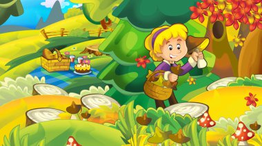 Sonbahar Doğa arka plan ile mantar - toplama kız çocuklar için illüstrasyon karikatür