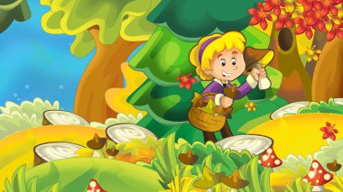 Sonbahar Doğa arka plan ile mantar - toplama kız çocuklar için illüstrasyon karikatür