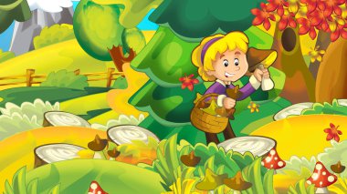 Sonbahar Doğa arka plan ile mantar - toplama kız çocuklar için illüstrasyon karikatür