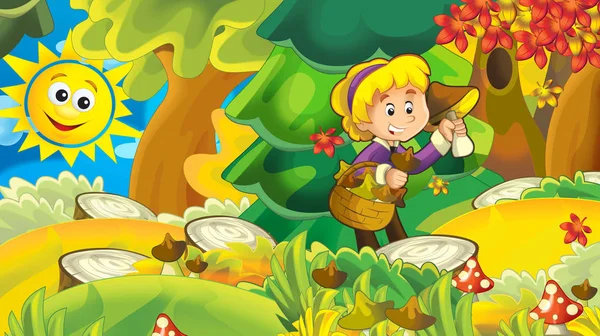 cartoon autumn nature background with girl gathering mushrooms - illustration for children