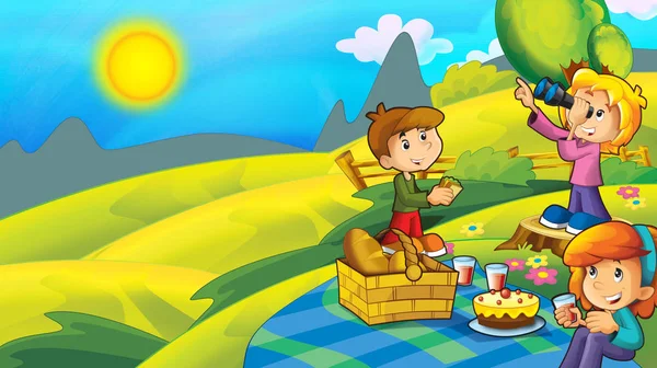 Cartoni Animati Autunno Natura Sfondo Montagna Con Bambini Picnic Illustrazione — Foto Stock