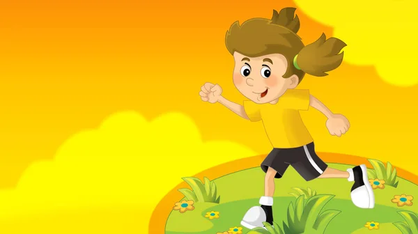 动画片夏天背景与孩子训练在自然 与空间为文本 例证为孩子 — 图库照片