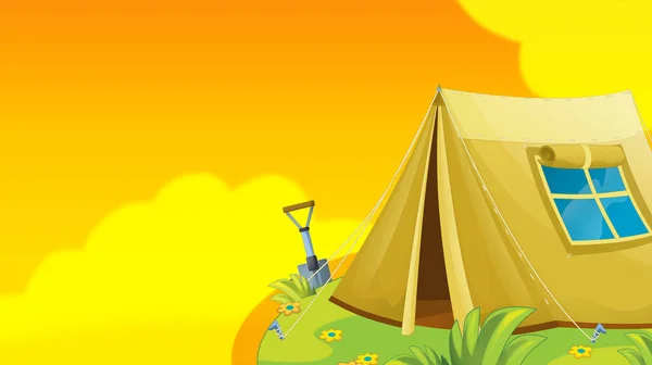 漫画夏背景 空間と自然の中のキャンプ テントと子供たちのイラスト — ストック写真