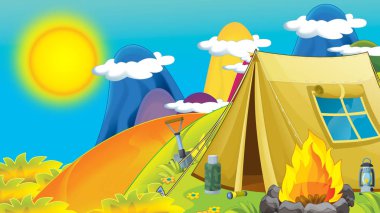 Yaz karikatür veya doğa arka plan dağlarda - metin için-yer ile doğada kamp çadır ile çizim çocuklar için bahar
