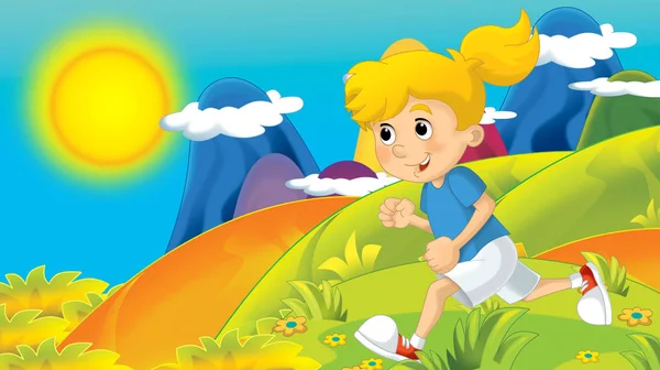 动画片夏天或春天自然背景在山 与孩子训练在自然与空间为文本 例证为孩子 — 图库照片