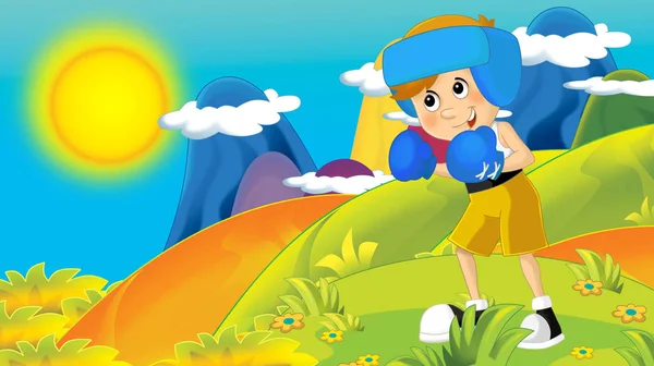 cartoon summer or spring nature background in the mountains - with kid training in nature with space for text - illustration for children