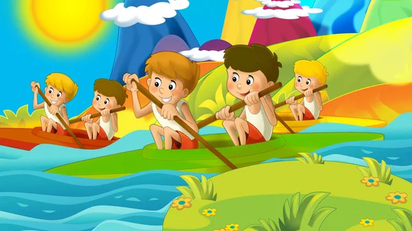 Cartoon Zomer Lente Natuur Achtergrond Bergen Met Kinderen Opleiding Natuur — Stockfoto
