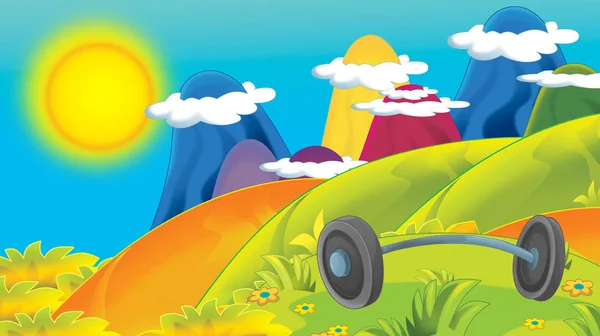 cartoon summer background in the mountains with heavy lifting in nature - with space for text - illustration for children
