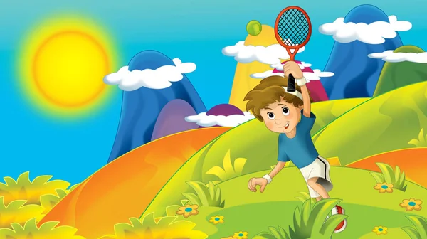 cartoon summer or spring nature background in the mountains - with kid training in nature with space for text - illustration for children