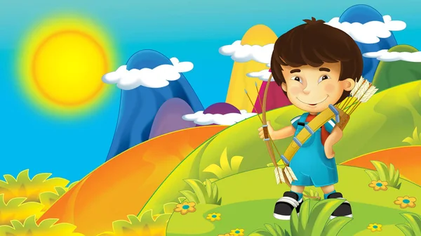 Cartoon Zomer Lente Natuur Achtergrond Bergen Met Kid Opleiding Natuur — Stockfoto