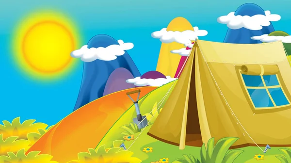 Cartoon Sommaren Eller Våren Natur Bakgrund Bergen Med Camping Tält — Stockfoto