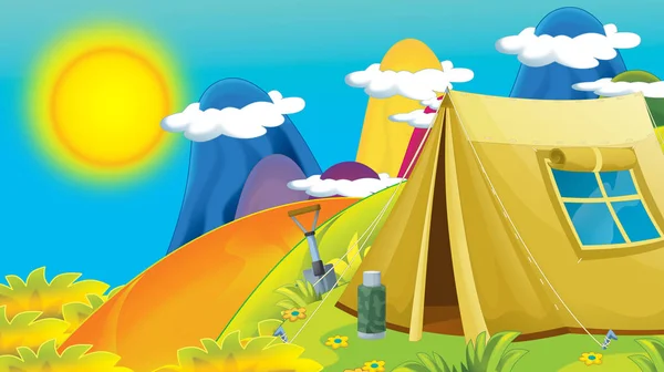 cartoon summer or spring nature background in the mountains - with camping tent in nature with space for text - illustration for children