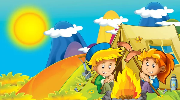 Cartoon Sommer Oder Frühling Natur Hintergrund Den Bergen Mit Kind — Stockfoto
