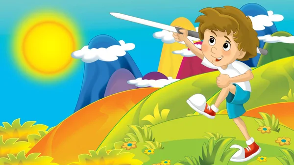 Cartoon Sommer Hintergrund Mit Kindertraining Der Natur Mit Platz Für — Stockfoto