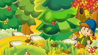 çizgi film Sonbahar Doğa arka plan çocukla illüstrasyon çocuklar için mantar - toplama