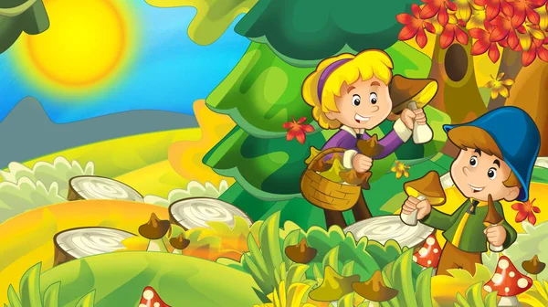 Cartoon Herbst Natur Hintergrund Mit Mädchen Und Jungen Pilze Sammeln — Stockfoto