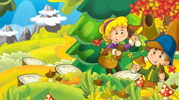 动画片秋天自然背景与女孩和男孩收集蘑菇 例证为孩子 — 图库照片