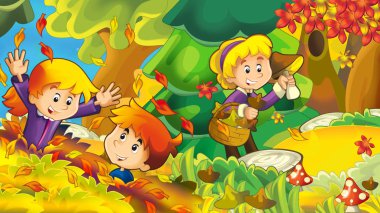çizgi film Sonbahar Doğa arka plan ile kız ve erkek çocuklar için illüstrasyon mantar - toplama