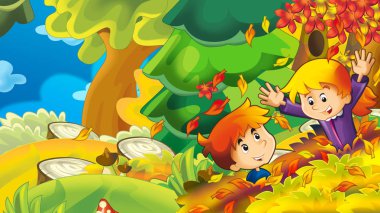 çizgi film Sonbahar Doğa arka plan ile kız ve mantar toplama ve having fun düşme ile erkek yapraklar - illüstrasyon çocuklar için