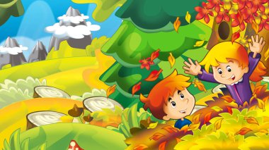 çizgi film Sonbahar Doğa arka plan ile kız ve mantar toplama ve having fun düşme ile erkek yapraklar - illüstrasyon çocuklar için