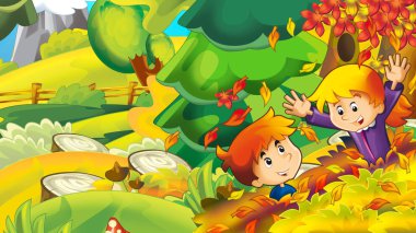 çizgi film Sonbahar Doğa arka plan ile kız ve erkek çocuklar için illüstrasyon mantar - toplama