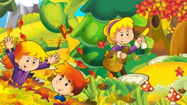 çizgi film Sonbahar Doğa arka plan ile kız ve erkek çocuklar için illüstrasyon mantar - toplama