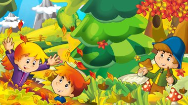 çizgi film Sonbahar Doğa arka plan çocukla illüstrasyon çocuklar için mantar - toplama