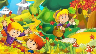 çizgi film Sonbahar Doğa arka plan ile kız ve erkek çocuklar için illüstrasyon mantar - toplama