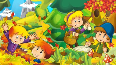 çizgi film Sonbahar Doğa arka plan ile kız ve erkek çocuklar için illüstrasyon mantar - toplama