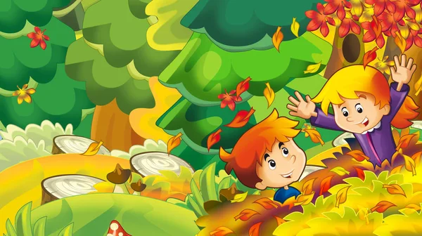 动画片秋天自然背景与女孩和男孩收集蘑菇和有乐趣与下落的叶子 例证为孩子 — 图库照片