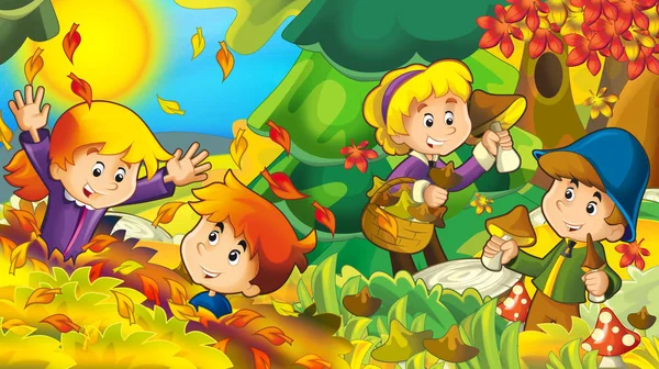 cartoon autumn nature background with girl and boy gathering mushrooms - illustration for children