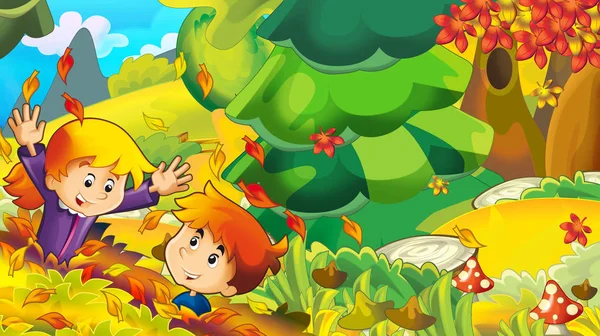 少女と少年のキノコを収集し 落下を楽しんで 自然の背景の葉 秋イラスト子供のための漫画します — ストック写真
