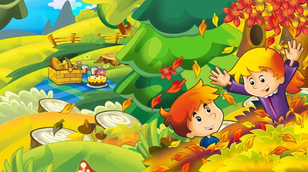 Cartoon Herbst Natur Hintergrund Mit Mädchen Und Jungen Pilze Sammeln — Stockfoto