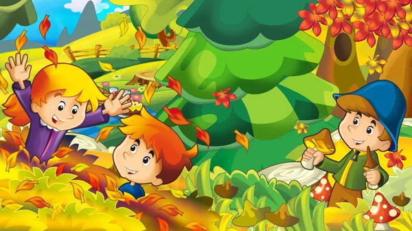 Tecknade Hösten Natur Bakgrund Med Pojke Samla Svamp Illustration För — Stockfoto