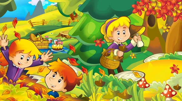 Cartoon Autumn Nature Background Girl Boy Gathering Mushrooms Illustration Children — Stock Photo, Image
