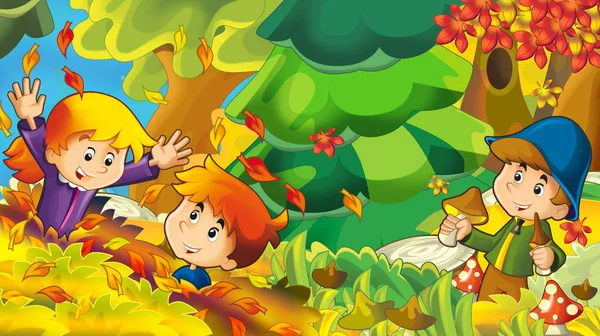 Kreslený Podzimní Příroda Pozadí Chlapcem Sběr Hub Ilustrace Pro Děti — Stock fotografie