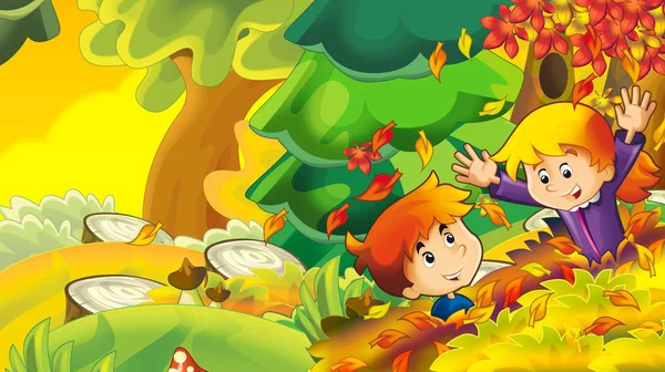 Cartoon Autumn Nature Background Girl Boy Gathering Mushrooms Having Fun — Stock Photo, Image