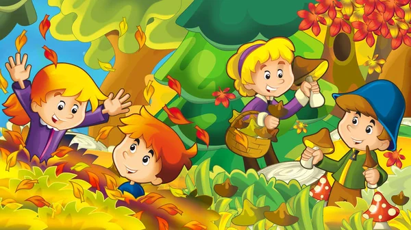 Cartoon Herbst Natur Hintergrund Mit Mädchen Und Jungen Pilze Sammeln — Stockfoto