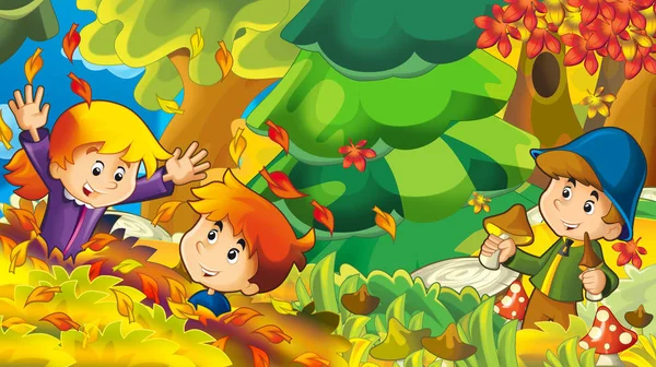 Cartoon Autumn Nature Background Boy Gathering Mushrooms Illustration Children — Stock Photo, Image